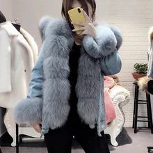 FAKUNTN 2020 Natural  Winter Women ox fur big fur collar Coat Denim loose fashion Fur detachable Rabbit lining Parka  Leather