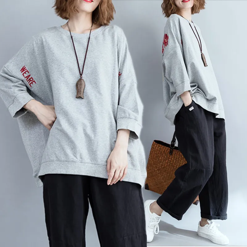 

BIG SIZE 4XL Autumn Women Fashion Elegant Embroidery Flower Tops Ladies Female Plus Large Long Sleeve Loose Cotton Sweatshirt