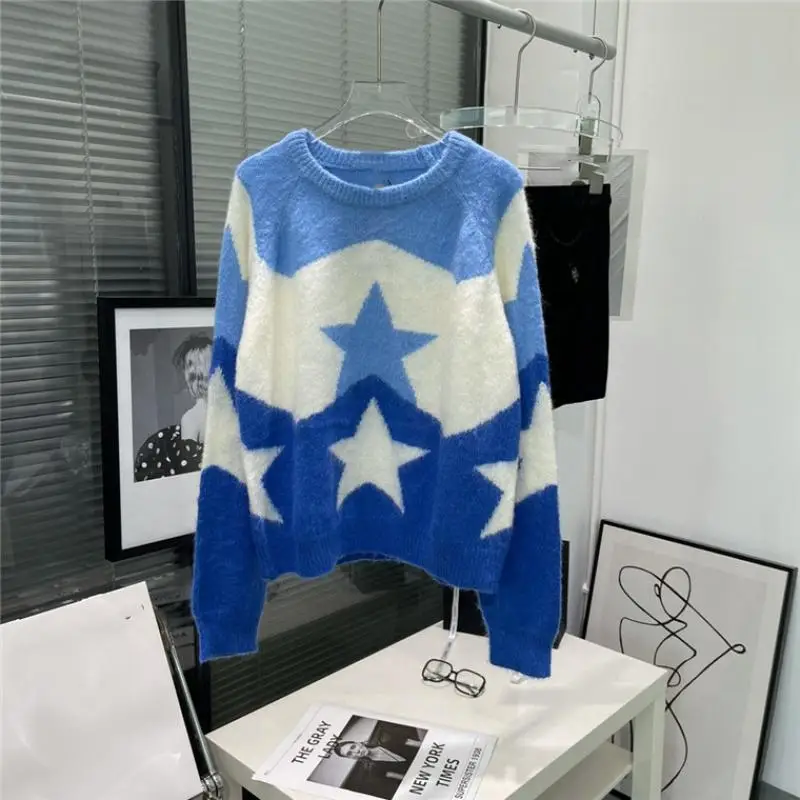 

Fashion O-Neck Long Sleeves Contrasting Five-Pointed Star Embroidery Sweater Casual Christmas Winter Designer Knitted Pullover