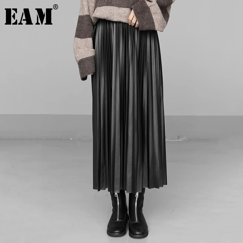 

[EAM] High Elastic Waist Multicolor Pleated Brief Pu Leather Half-body Skirt Women Fashion Tide New Spring Autumn 2020 1N557