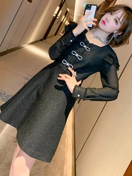 

Square Collar Stitching Tweed Bowknot Buttoned Waist Waist Thin Western-style Dress Women's 2020 Fall Winter New