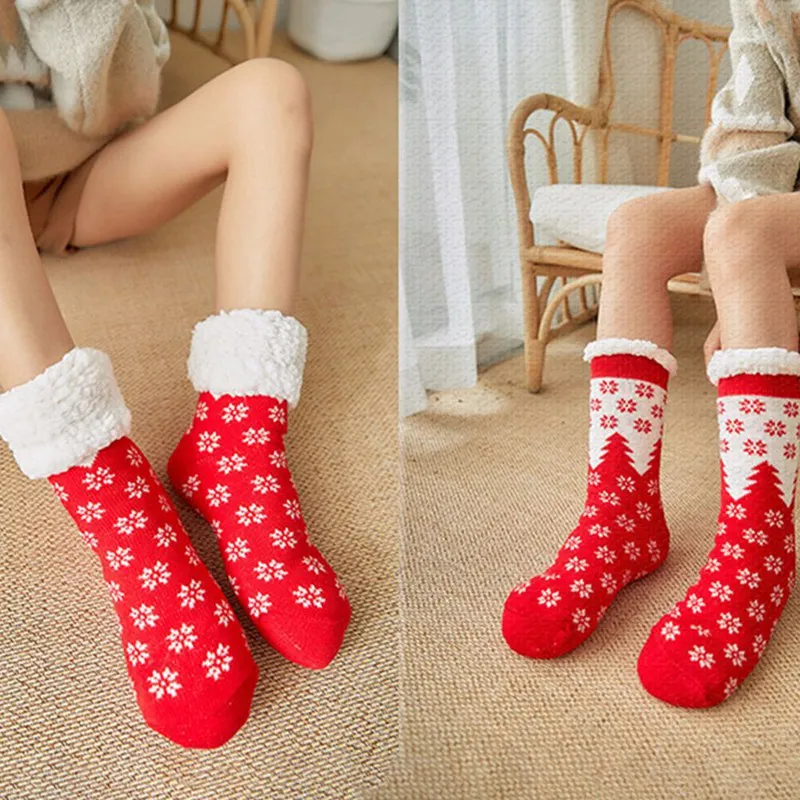 1Pair Women Winter Warm Socks Coral Fleece Bed Sleep Socks Lined Slipper Non Slip New Casual Home Floor Sock