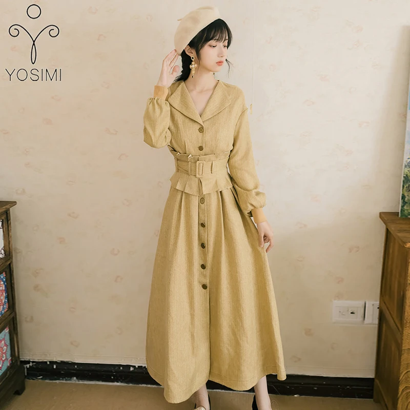 

YOSIMI 2020 Spring Vintage Full Sleeve Mid-calf Long Women Dress Elegant Shirt Dress Female Vestidos Sashes Fit and Flare Dress