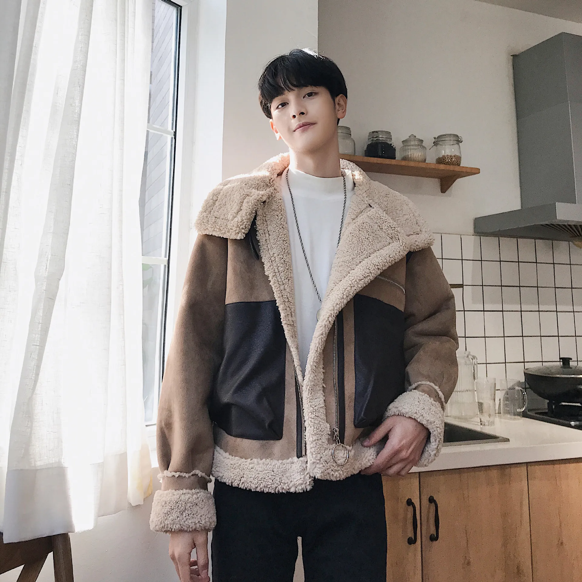 

2019 Autumn And Winter Students Short Fold-down Collar Fur Thick Lamb's Wool Workwear Coat Biker Jacket
