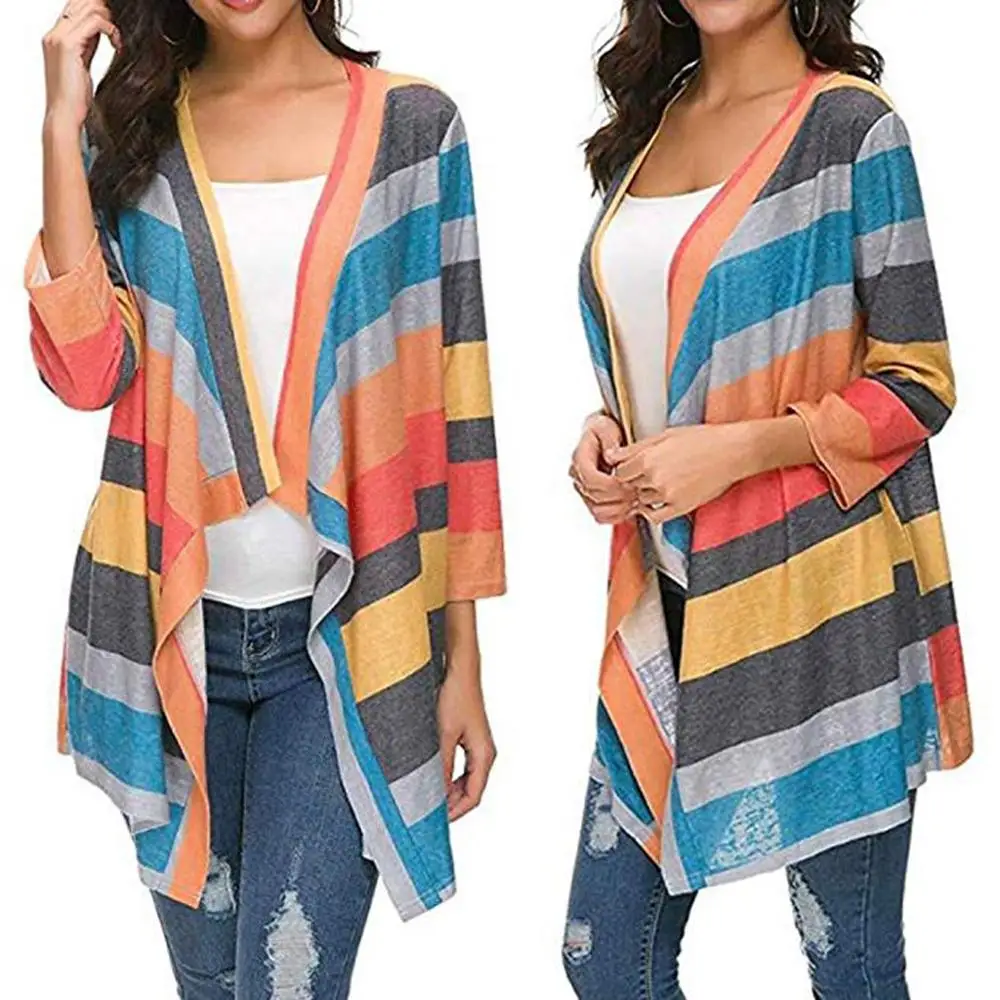 

Autumn New Stripe Coat Women Soft Open Front Coat Lightweight Sweater Loose Long Sleeve Cardigan Cardigan Petchwork Casual Shawl