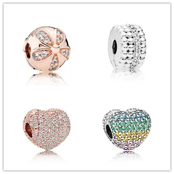 

925 Sterling Silver Bead Rose Gold Pave Open My Heart Clip Charm Fit Pandora Women Bracelet & Necklace Diy Jewelry