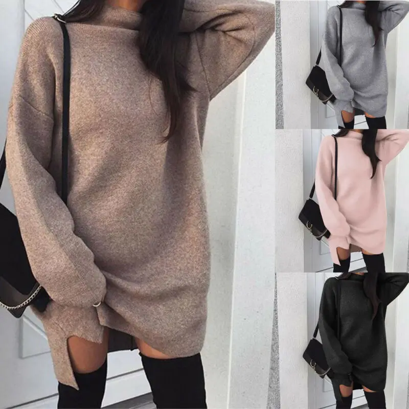 Fashion Women Oversize Baggy Knitted Long Sweater Long Sleeves Mini Dress Jumper Winter Loose Pullover Turtleneck Tops Casual