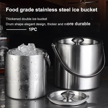 

Easy Clean With Handle Barware Home Kitchen Stainless Steel Large Capacity Double Wall Wine Cooler Ice Bucket 2L With Lid Party