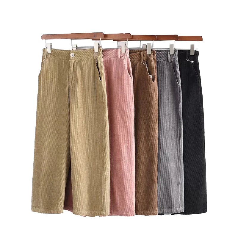 

New Women's Pants 2019 Women Autumn Winter Thick Warm High Waist Wide Leg Pants Casual Loose Corduroy Cropped Trousers