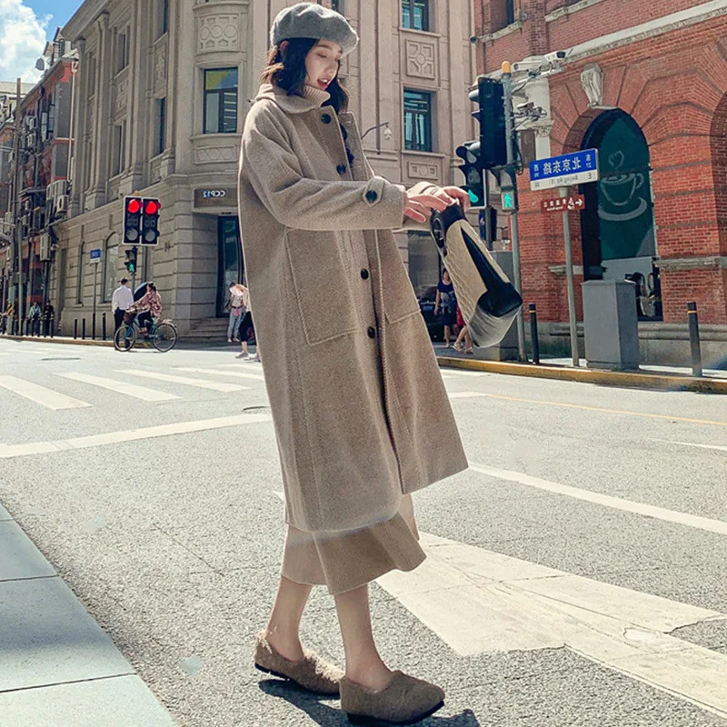 Women's Long Wool Blend Coat Outwear Thicken Warm Single Breasted Herringbone