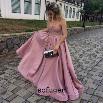 

Dark Pink Girl Strap V Neck Appliques Evening Dresses Prom Long Arabic Special Occasion Robe De Soiree Plus