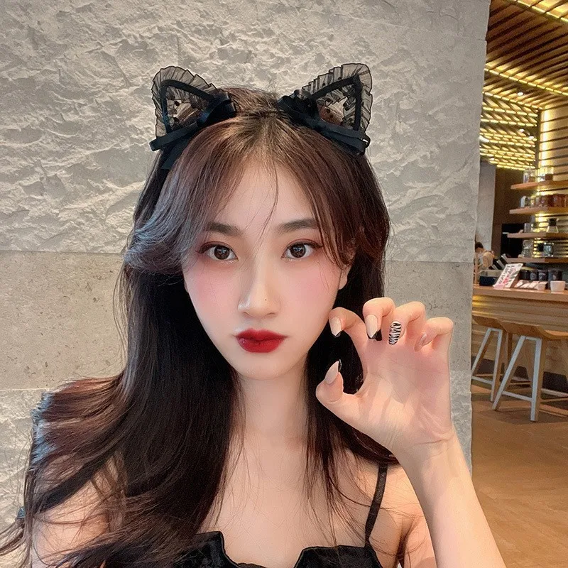 ZZYY Black Cat Ears Cosplay Accessories Set Lolita Sexy Lace Collar Kawaii Headband Cute Gothic Decor Pink Headdress Soft 2021