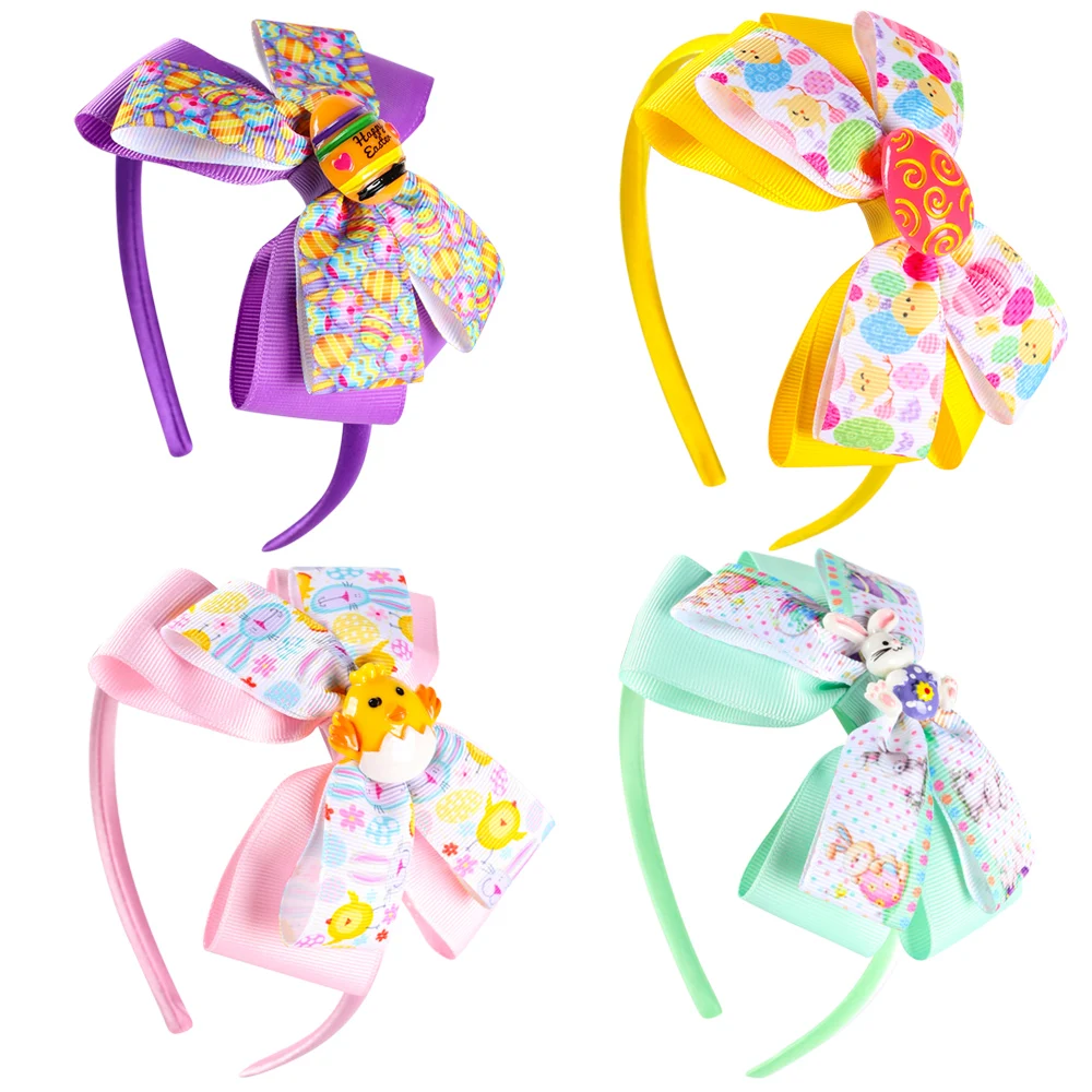 

8 Pcs/Lot Cartoon 4.5'' Hair Bows Hairband for Girls Easter Day Eggs Printed Ribbon Bowknot Headband Children Hair Accessories