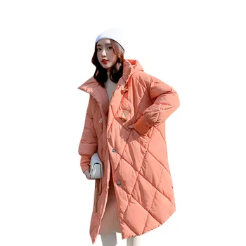 

2020 new down cotton padded jacket thick warm women parka horn buckle solid long sleeve hooded middle length winter jacket