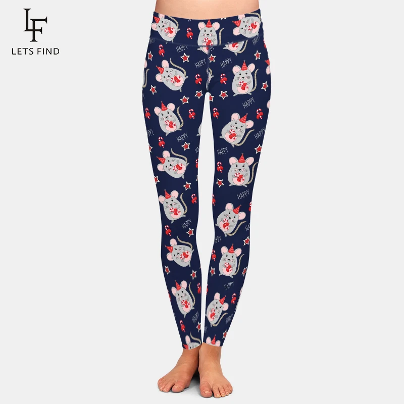 LETSFIND 3D Happy New Year Cute Mouse with Candy Printing Winter Leggings Fashion High Waist  Slim Fitness Leggings