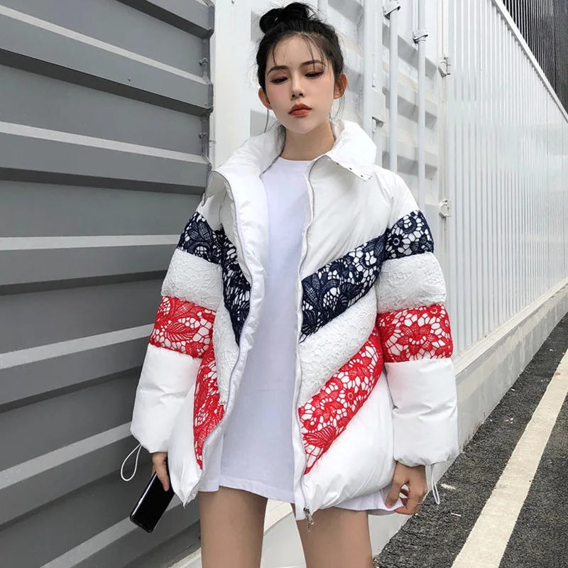 

Fashion Lace Mixed Colors Cotton-padded Jacket 2019 Winter WOMEN'S Dress New Style Hong Kong Style INS down Coat Thick Cotton yi