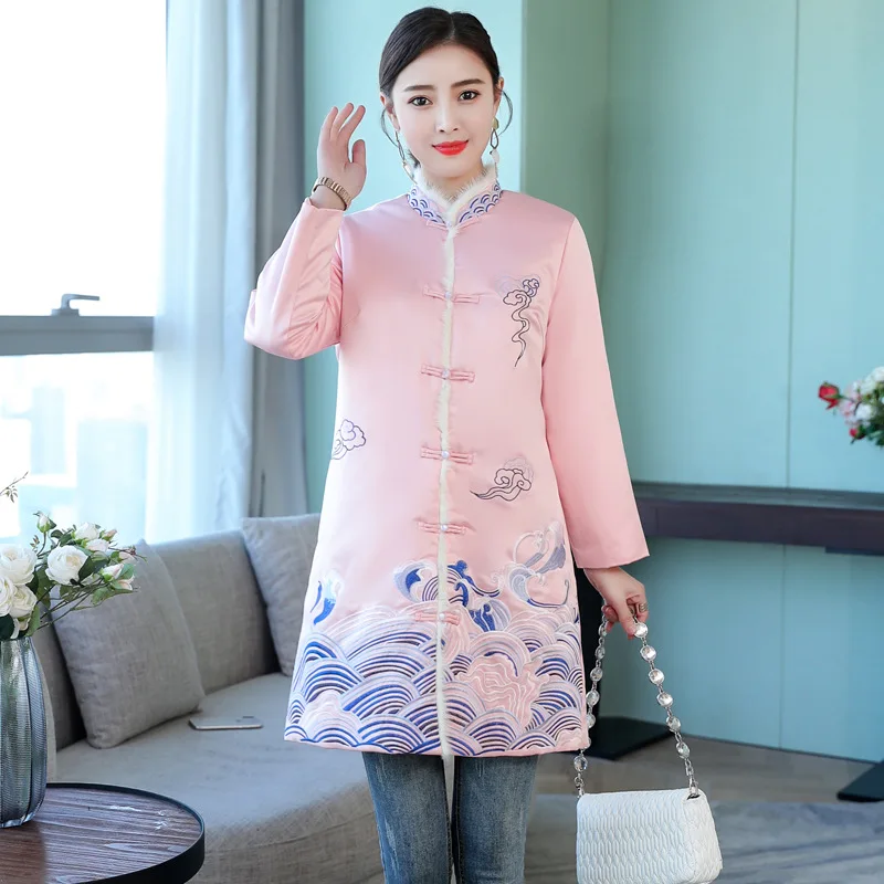 

2018 Winter New Style Chinese-style Mink Fur Embroidered Improved Cheongsam Padded Coat plus Cotton Cotton-padded Clothes Women'