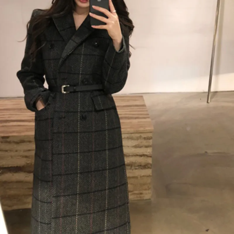 Women Thick Autumn Winter Temperament Fashion All Match Woolen Coat Female Long Section Tartan | Женская одежда