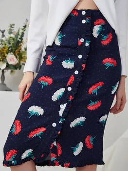 

Women High Waist Flower Print Midi Skirt Slim Ladies Elegant Female Long Skirt with Buttons