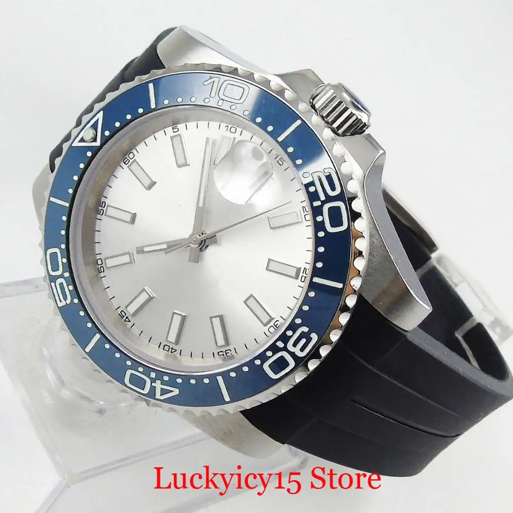 BLIGER Nologo Silver Color Mechanical Watch Men Sapphire Glass Ceramic Bezel Date Window Rubber Strap MIYOTA Movement | Наручные часы
