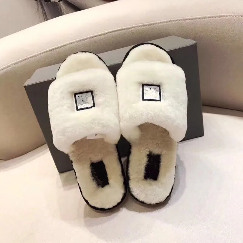 

Brand Women Winter Fur Slippers Lady Fashion Sheep Leather Shoes