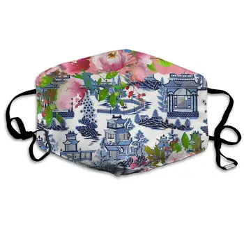 

Garde Art Studio Reusable Face Masks, Pink Watercolor Roses Blue Willow Pattern Healthy Durable Polyester Half Face Masks, Mouth