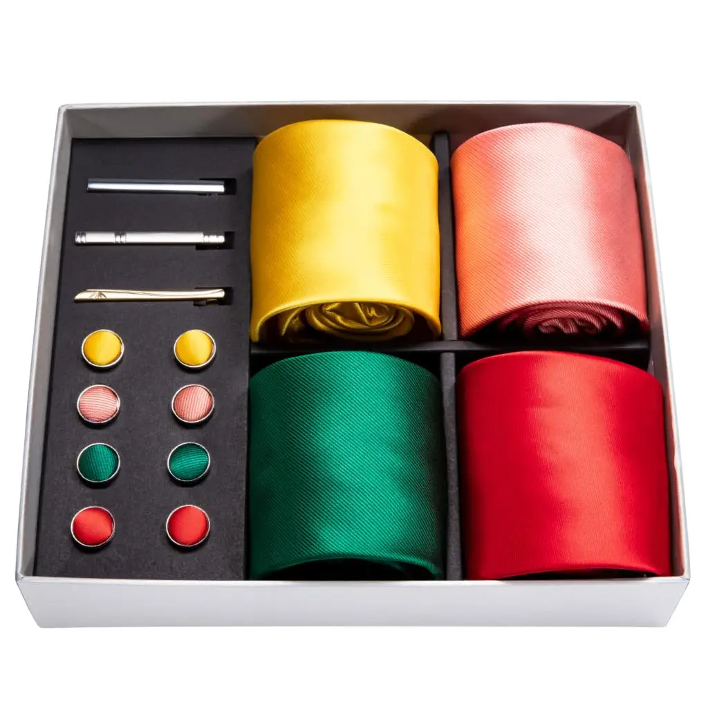 Men Tie Coral Pink Solid Silk Men Wedding Necktie Handkerchief Gift Box Set Male 4pcs Ties For Men Gift Barry.Wang Cravat BB4-09
