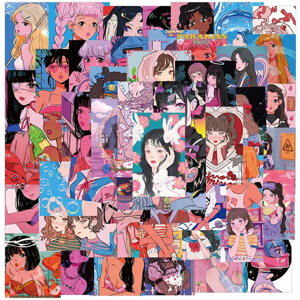 

50PCS Vintage Cartoon Comic Girl illustration Stickers Laptop Guitar Luggage Phone Waterproof Graffiti Sticker Decal Kid Toys
