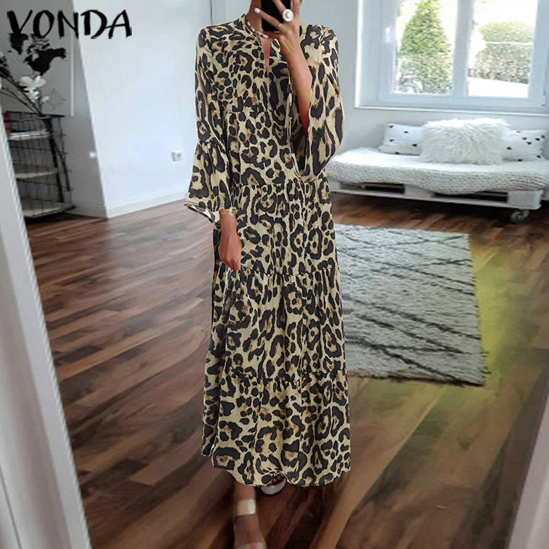Платье с оборками VONDA, женское осеннее платье, сексуальное, 3/4 рукав, леопардовое Платье макси с принтом, Beohemian, сарафан, повседневные свободные вечерние платья