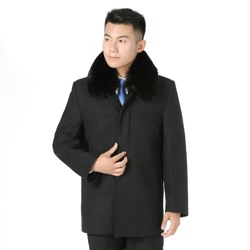 Winter Wool Coat Man Brown Gray Black Thicken Woolen Blend Coats For Mature Men Collar Detachable Fur Lining Tweed Overcoat Male Winter Wool Coat Man Brown Gray Black Thicken Woolen Blend Coats For Mature Men Collar Detachable Fur Lining Tweed Overcoat Male