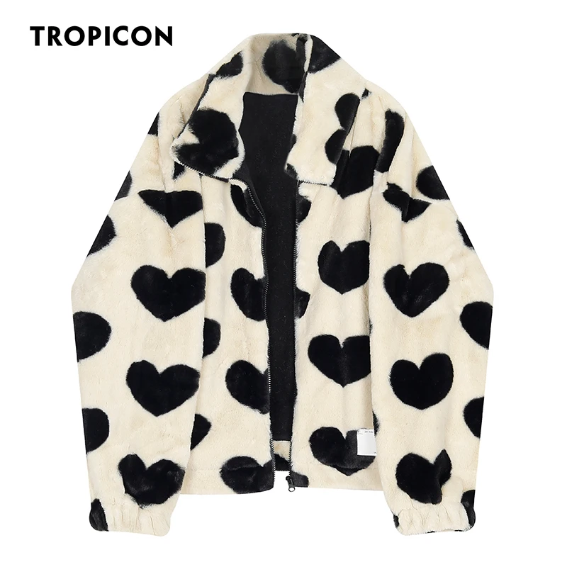 

TROPICON Beige Faux Fur Coat Women Heart Print Sherpa Kawaii Fleece Jacket Cute Winter Outerwear Korean Fashion Clothing