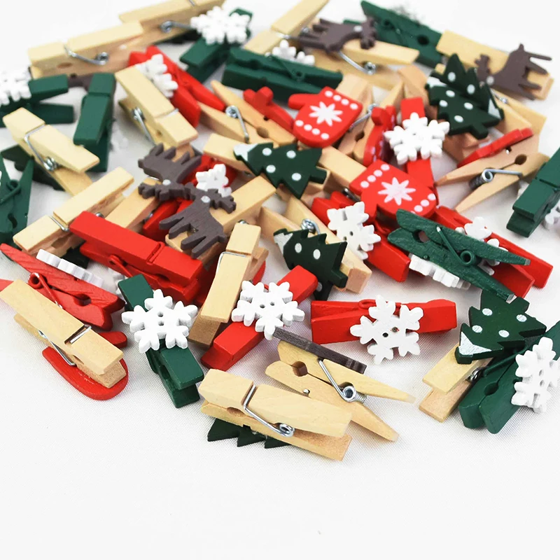 

20 Pcs Wooden Clip Snowflake Elk Christmas Tree Shape Photos Room Photo Wall Decoration Xmas Hanging Ornament fixed Tool