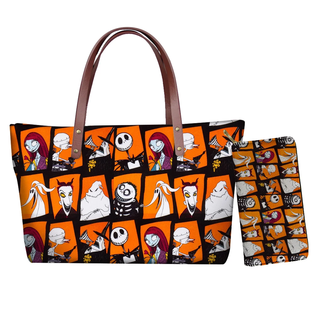 

WHEREISART 2pcs/set Women Handbag The Nightmare before Christmas Pattern Women's Top-handle Bags Casual Large Capacity Tote Bag