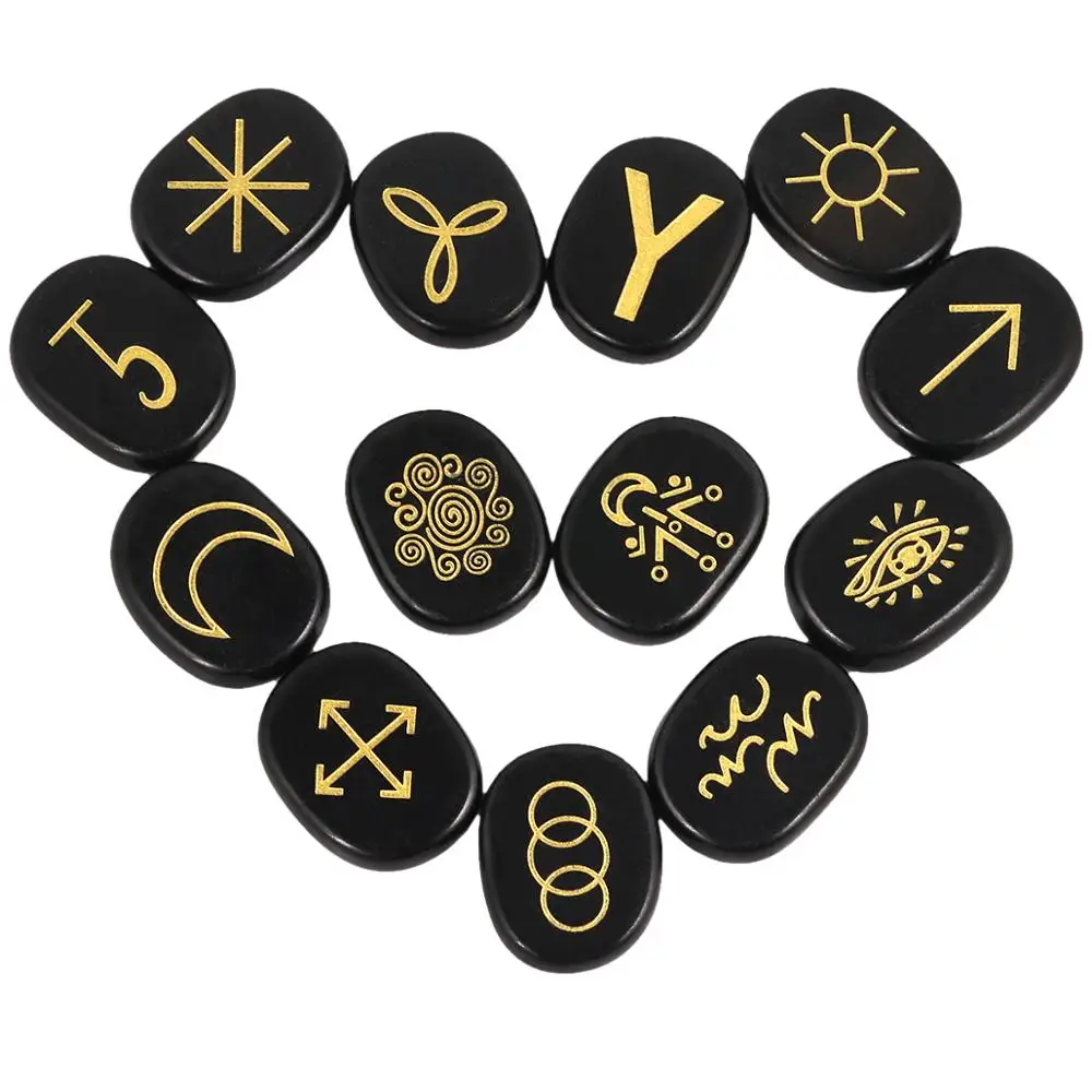 TUMBEELLUWA Natural Witches Runes Stones Set of 13 ,Healing Crystal with Engraved Gypsy Reiki Symbols for Meditation Divination