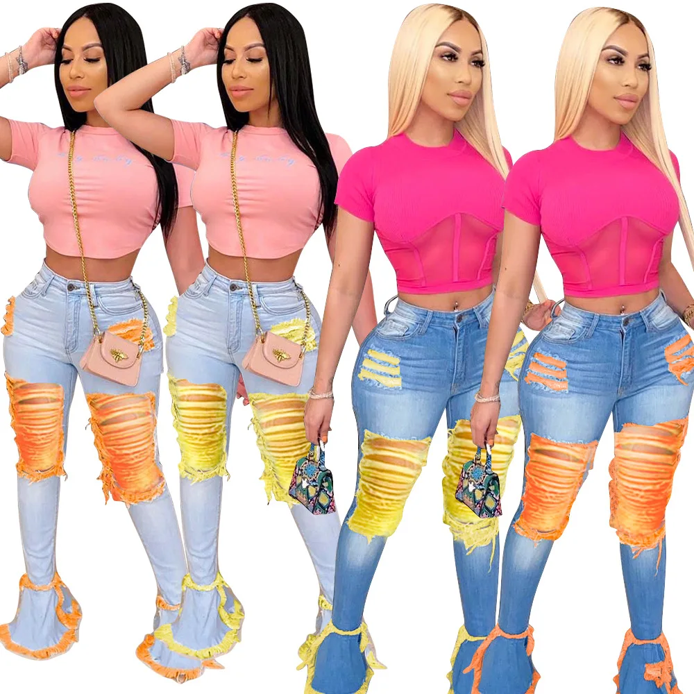 

Hole Ripped Jeans for Women High Waist Bell Bottom Flare Jeans Skinny Trousers Vintage Stretch Flare Denim Pants Cargo Pants