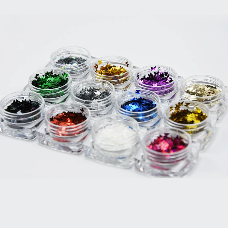 

1Set (12Box (3ML Jar)) Nail Holographic Flake 12 Color (Gold/Silver/Blue...) Chunky Loose Butterfly Laser Nail Art Glitter Flake