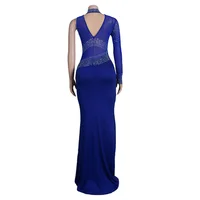 Sexy Blue Mesh Crystal See Through Maxi Dress WoOne Sleeve Birthday Clubwear Bodycon Long Dress