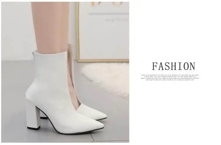 Осенние белые женские ботинки на толстом высоком каблуке женские Ботинки martin пикантные ботинки из искусственной кожи ПУ и ПВХ ботильоны