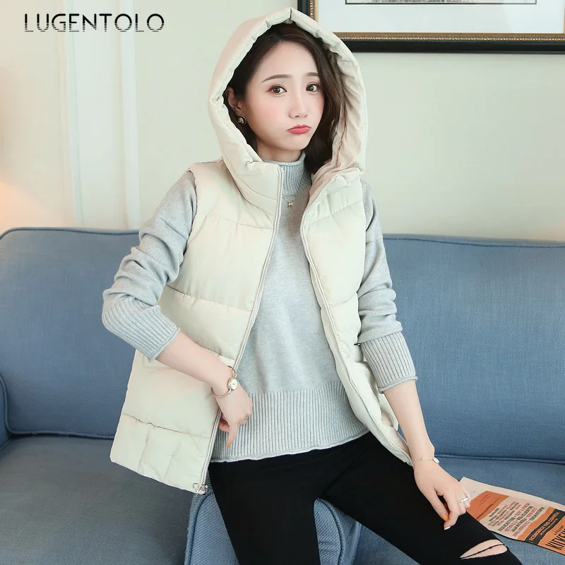 Lugentolo Women Vest Short Cotton Clothing Fashion Autumn and Winter Loose Solid Color Zipper Hooded Casual Vest Cotton Clothing