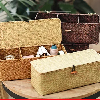 

Retro craft seaweed woven three compartments with lid storage box desktop debris finishing jewelry tea set storage blue LB90908