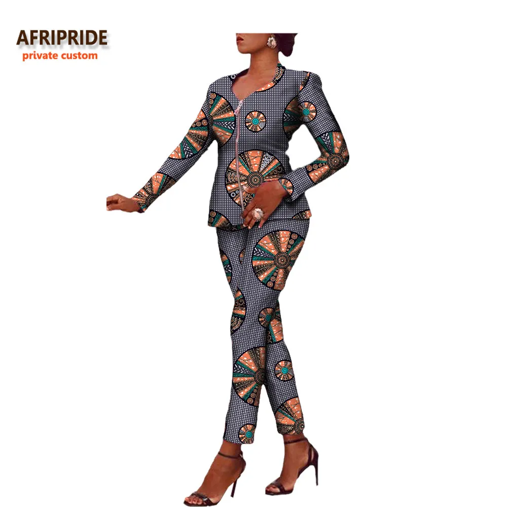 Afripride Африканский принт 2 шт брюки Блейзер костюм для женщин сделанный на заказ Молния Fly топ+ длинные брюки хлопок костюм A722634 - Цвет: 582J