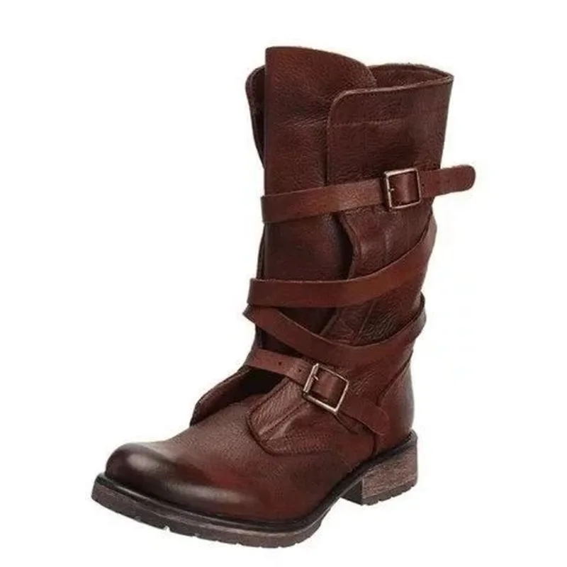 Женские ботинки до середины икры; chaussure boots; Винтажные ботинки-гладиаторы из искусственной кожи на низком каблуке; matin; обувь с пряжкой; женская обувь; zapatos mujer sapato; H827