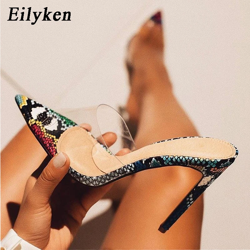 Eilyken/пикантные женские шлепанцы из ПВХ, змеиная кожа, прозрачный дизайн, туфли без пяток на высоких каблуках, острый носок, женская летняя обувь, новинка
