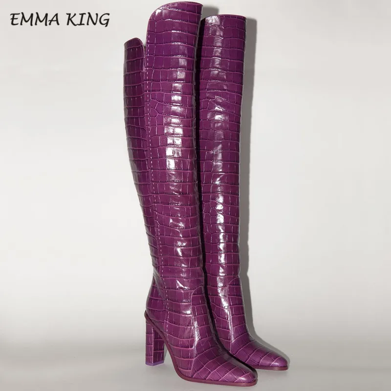 Emma king/Коллекция года; обувь на массивном каблуке с круглым носком; шикарная обувь на молнии; зимние пикантные сапоги до колена из крокодиловой кожи коричневого цвета для женщин; вечерние сапоги