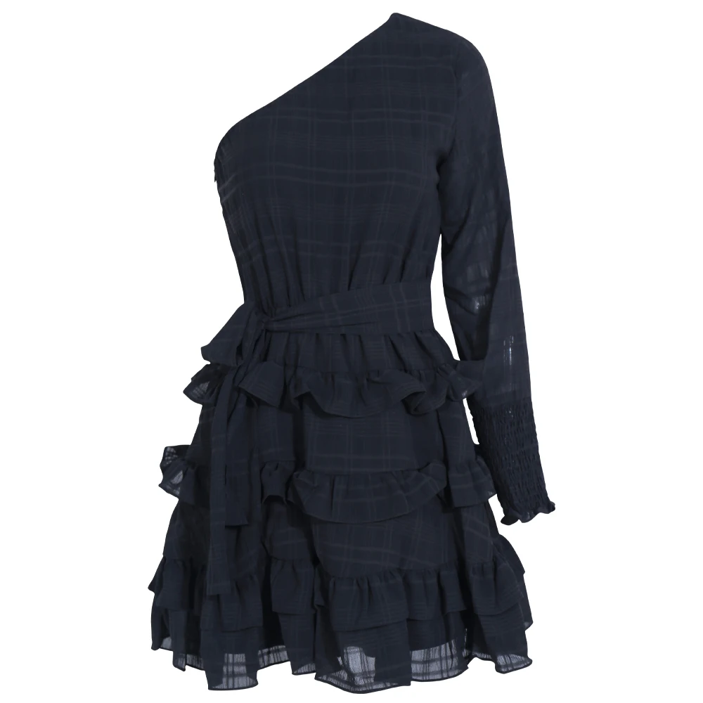 Yesexy Summer One Shoulder Irregular Neck Cascading Ruffles Women Dresses Backless Elegant Female Mini Dresses VR0176
