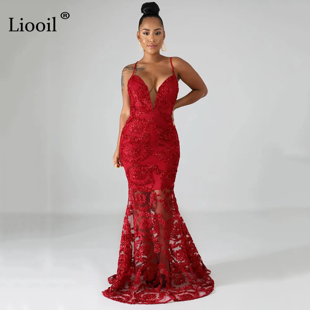 Красный Liooil, с вышивкой, Сетчатое, прозрачное, сексуальное, макси платье русалки, Осень-зима, без рукавов, v-образный вырез, большие качели, для ночного клуба, вечерние, длинные платья - Цвет: Красный