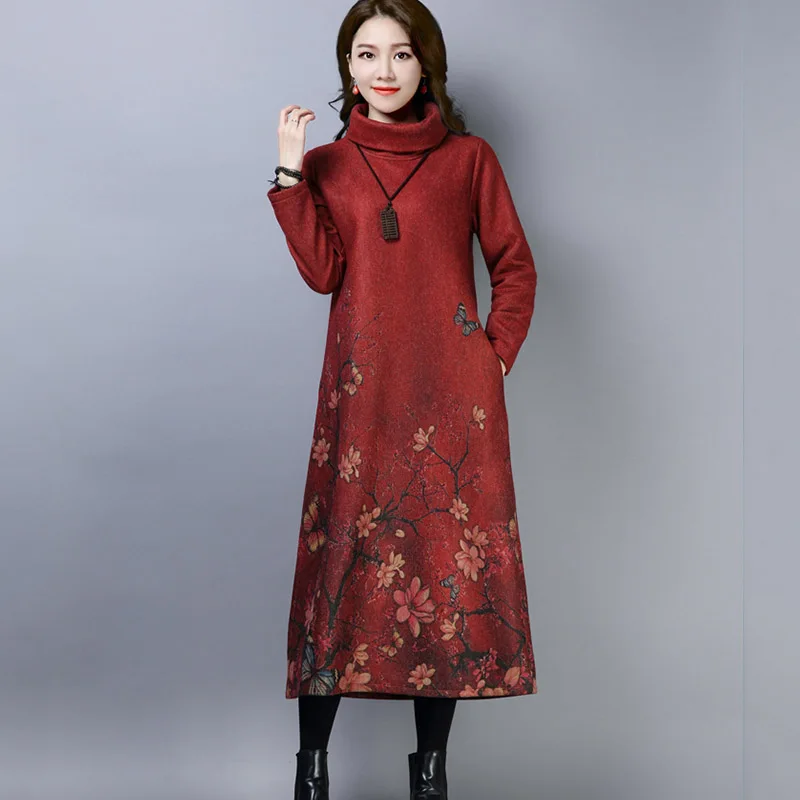 Теплое шерстяное платье с длинным рукавом Длинное свободное большого размера в