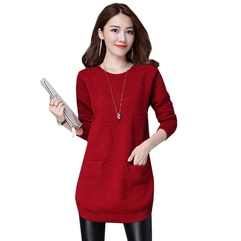 Comprar Nuevo Otoño Invierno mujeres suéteres de punto Pullover Color sólido cuello redondo de manga larga suéteres moda suelta Jersey de punto mujeres tapas