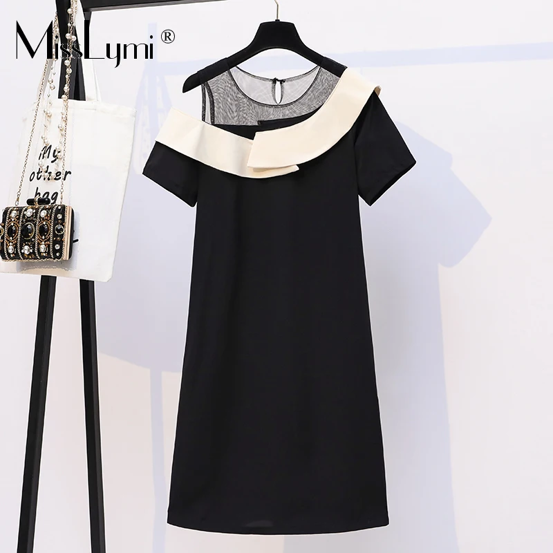 

MissLymi L-5XL Plus Size Mesh Patchwork Ruffle Fake two Pieces Dress Women Summer 2021 Fashion Loose Off Shoulder Dress Black