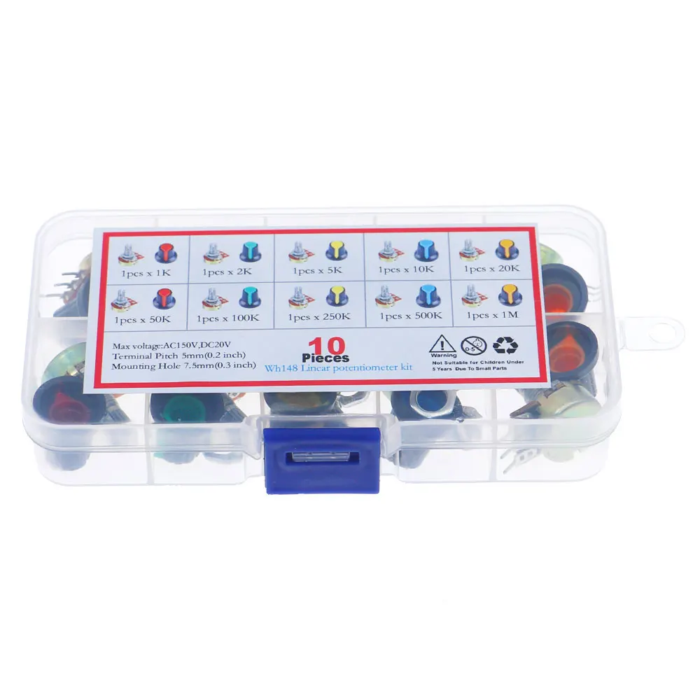 10Pcs WH148 단일 전위차계 키트 상자 B1K/B2K/5K/10K/20K/50K/100K/500K/1M 손잡이 포함 단일 전위차계 세트 샤프트 너트